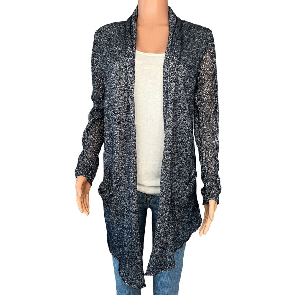 Athleta Cabrillo Cardigan Sweater Small Blue Open Knit Linen Cashmere Pockets
